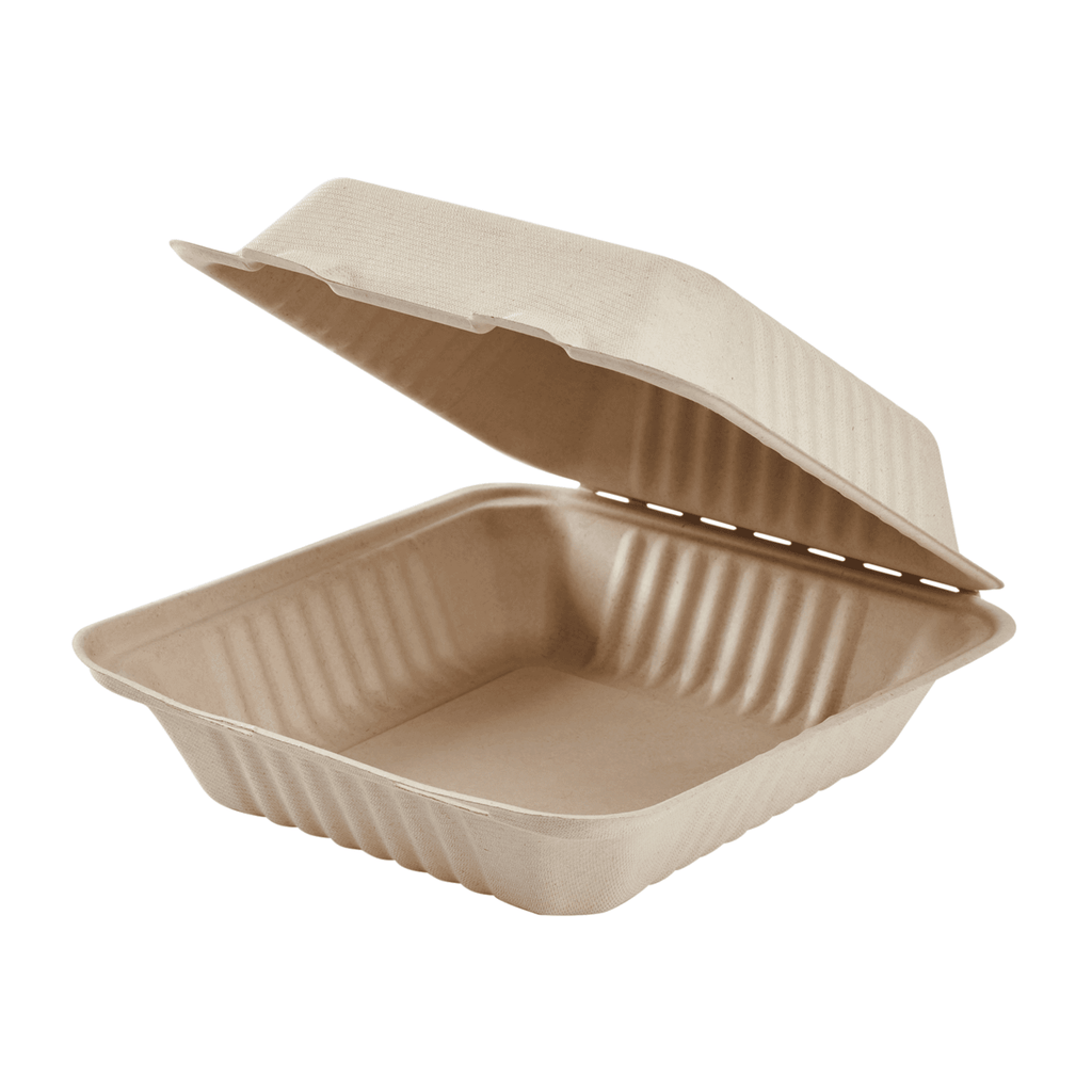 Karat Earth 8''x8'' Molded Fiber Hinged Containers, PFAS Free, Natural - 200 pcs