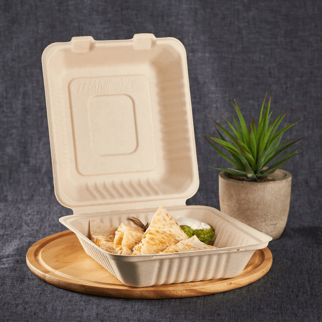 Karat Earth 8''x8'' Molded Fiber Hinged Containers, PFAS Free, Natural - 200 pcs