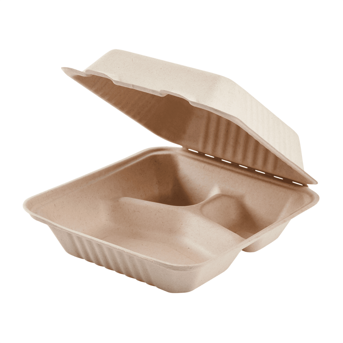 Karat Earth 3 Compartments, 8''x8'' Molded Fiber Hinged Containers, PFAS Free, Natural - 200 pcs