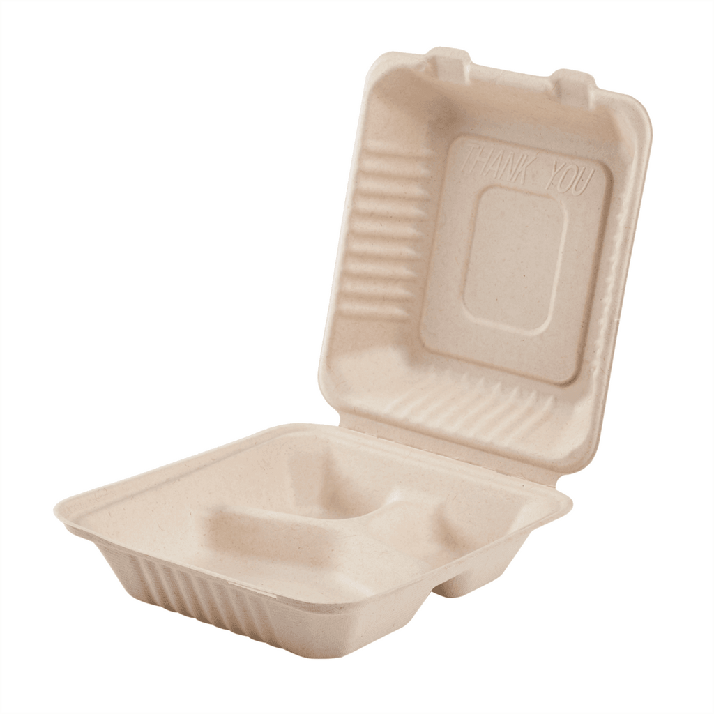 Karat Earth 3 Compartments, 8''x8'' Molded Fiber Hinged Containers, PFAS Free, Natural - 200 pcs