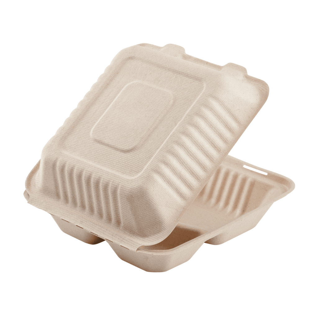 Karat Earth 3 Compartments, 8''x8'' Molded Fiber Hinged Containers, PFAS Free, Natural - 200 pcs