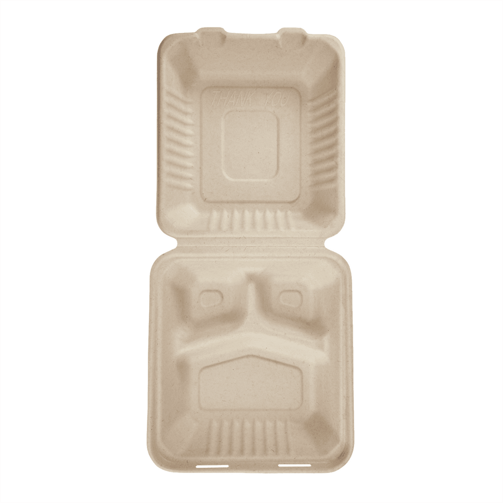 Karat Earth 3 Compartments, 8''x8'' Molded Fiber Hinged Containers, PFAS Free, Natural - 200 pcs