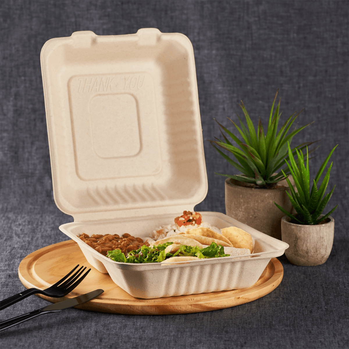 Karat Earth 3 Compartments, 8''x8'' Molded Fiber Hinged Containers, PFAS Free, Natural - 200 pcs