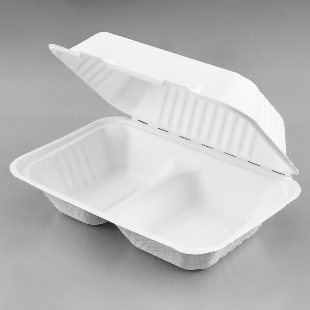 Karat Earth 2 Compartments, 9''x6'' Molded Fiber Hinged Containers, PFAS Free, White - 200 pc