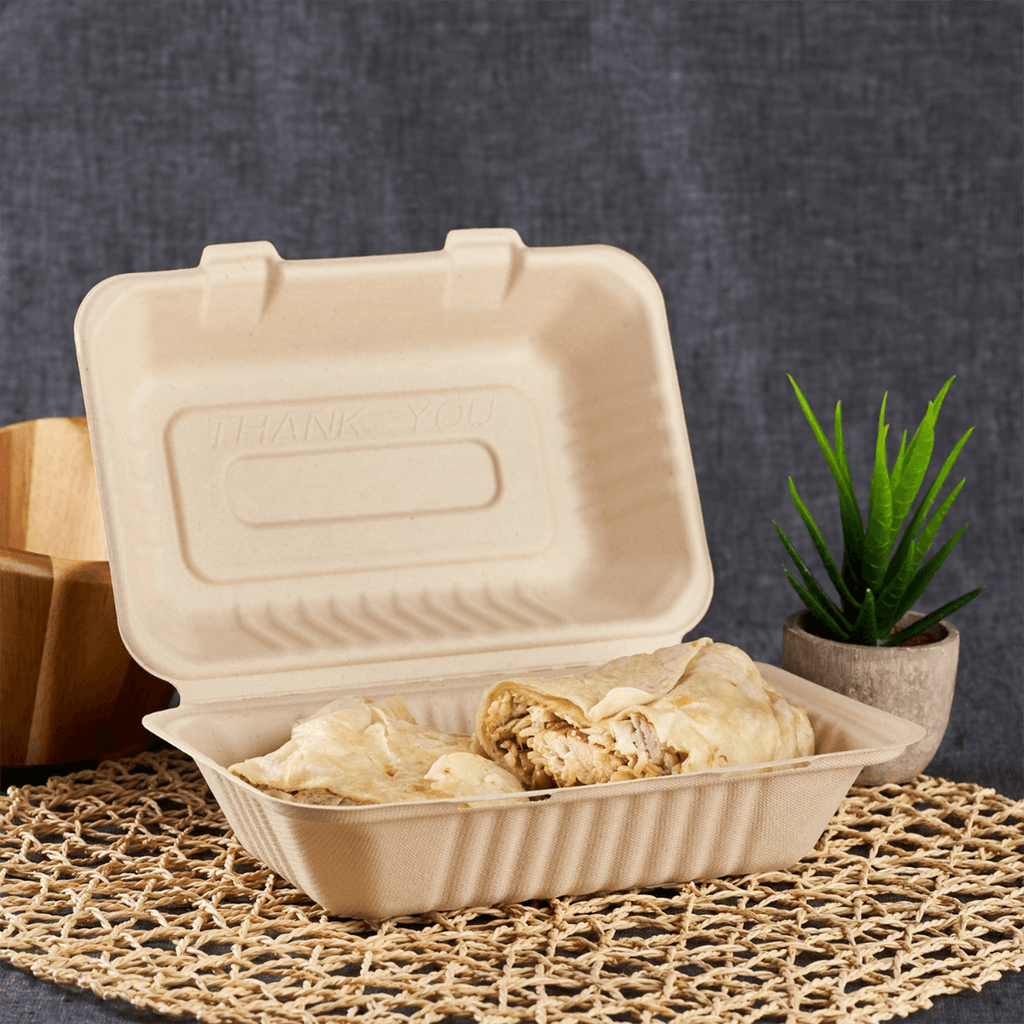 Karat Earth 9''x6'' Molded Fiber Hinged Containers, PFAS Free, Natural - 200 pcs
