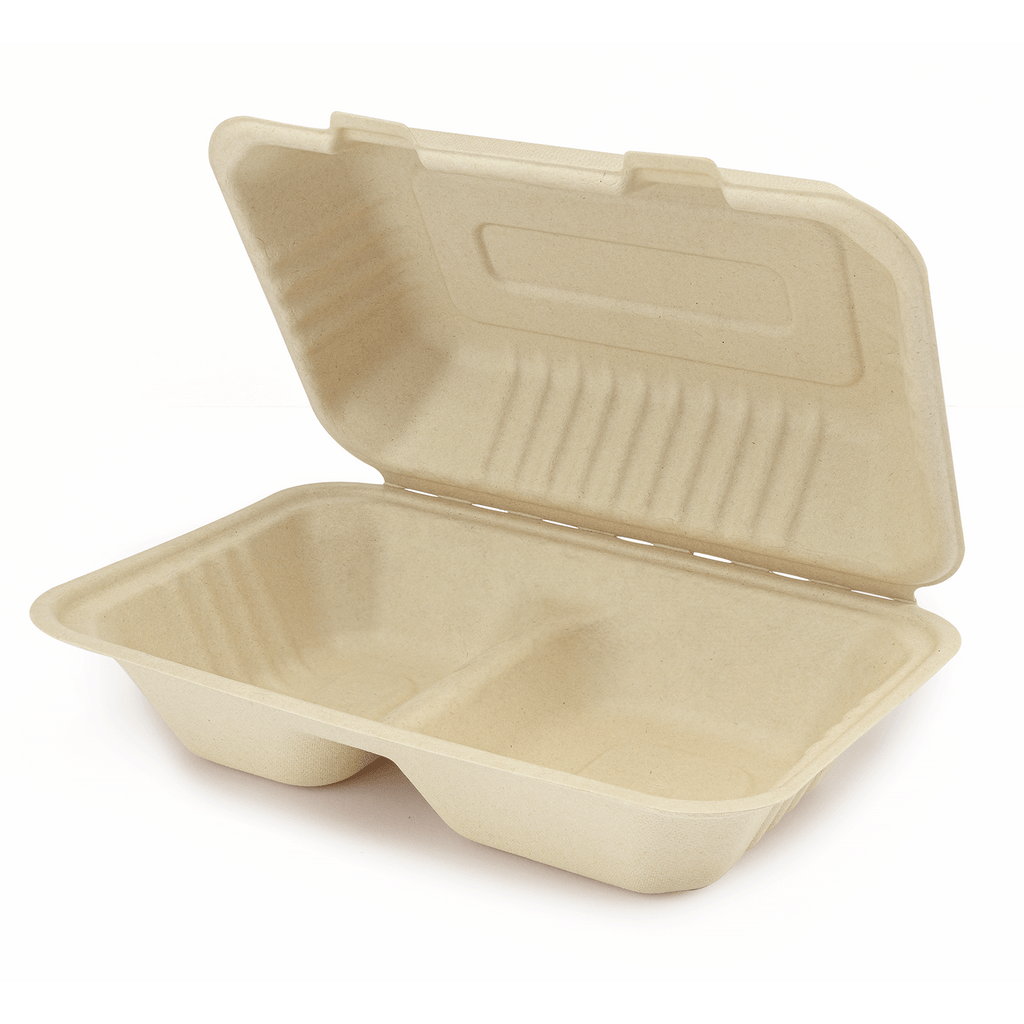 Karat Earth 2 Compartments, 9''x6'' Molded Fiber Hinged Containers, PFAS Free, Natural - 200 pc