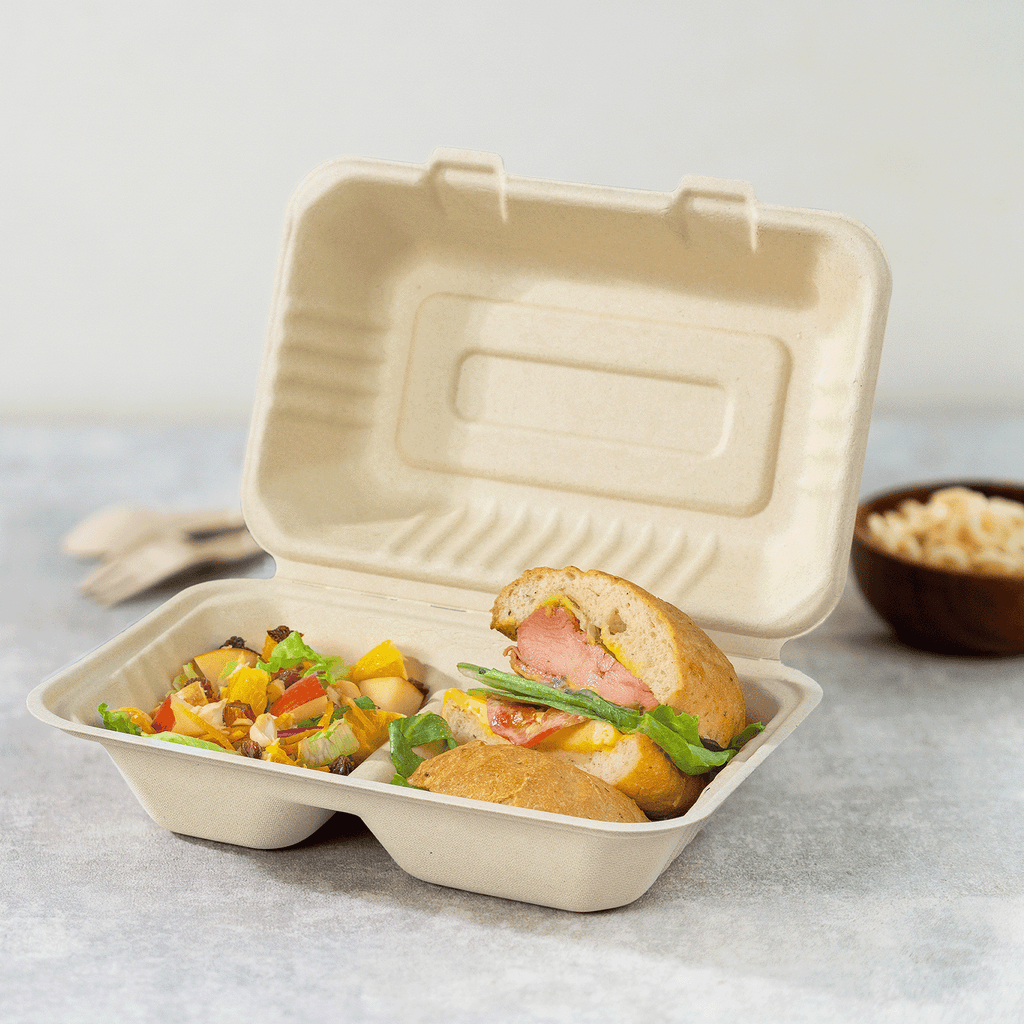 Karat Earth 2 Compartments, 9''x6'' Molded Fiber Hinged Containers, PFAS Free, Natural - 200 pc