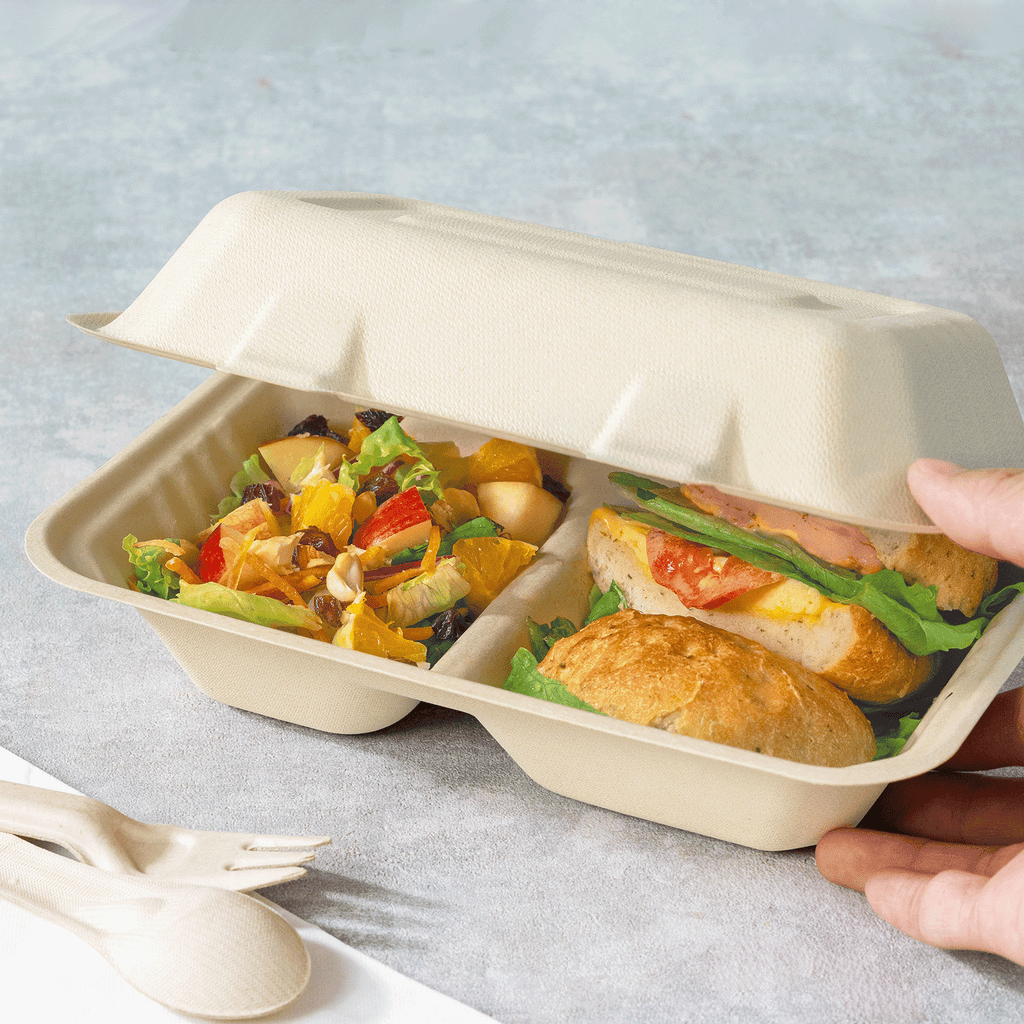 Karat Earth 2 Compartments, 9''x6'' Molded Fiber Hinged Containers, PFAS Free, Natural - 200 pc