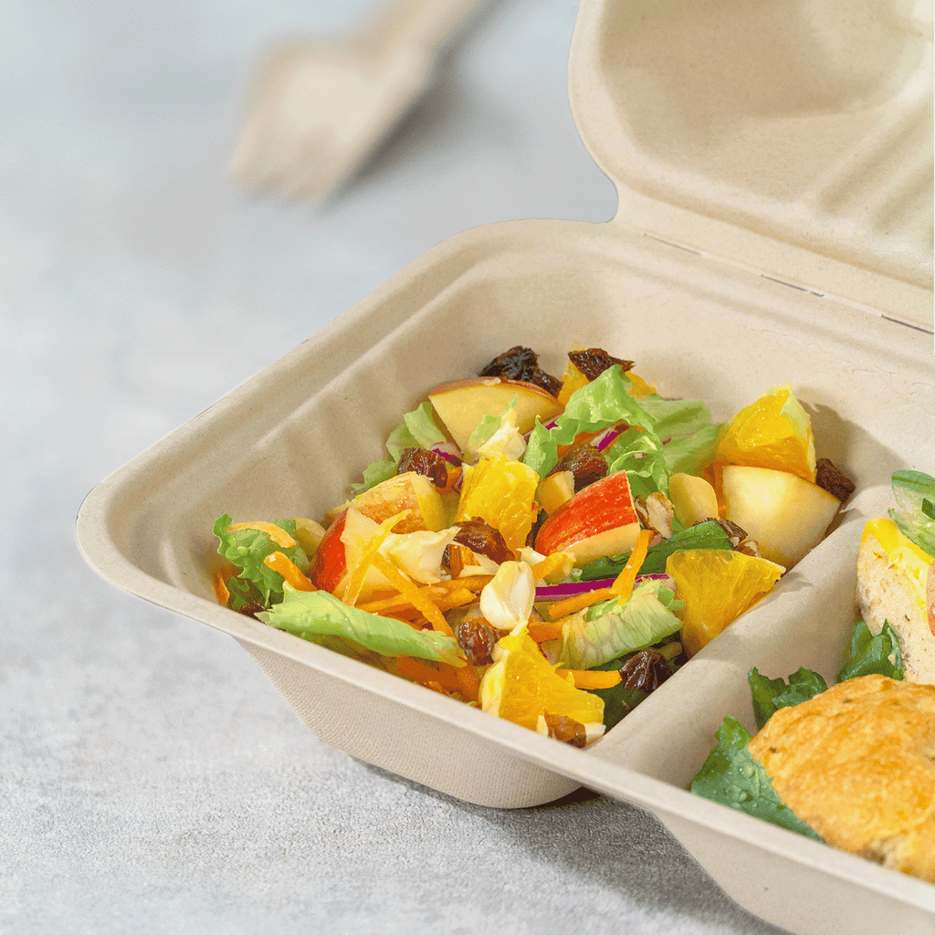 Karat Earth 2 Compartments, 9''x6'' Molded Fiber Hinged Containers, PFAS Free, Natural - 200 pc