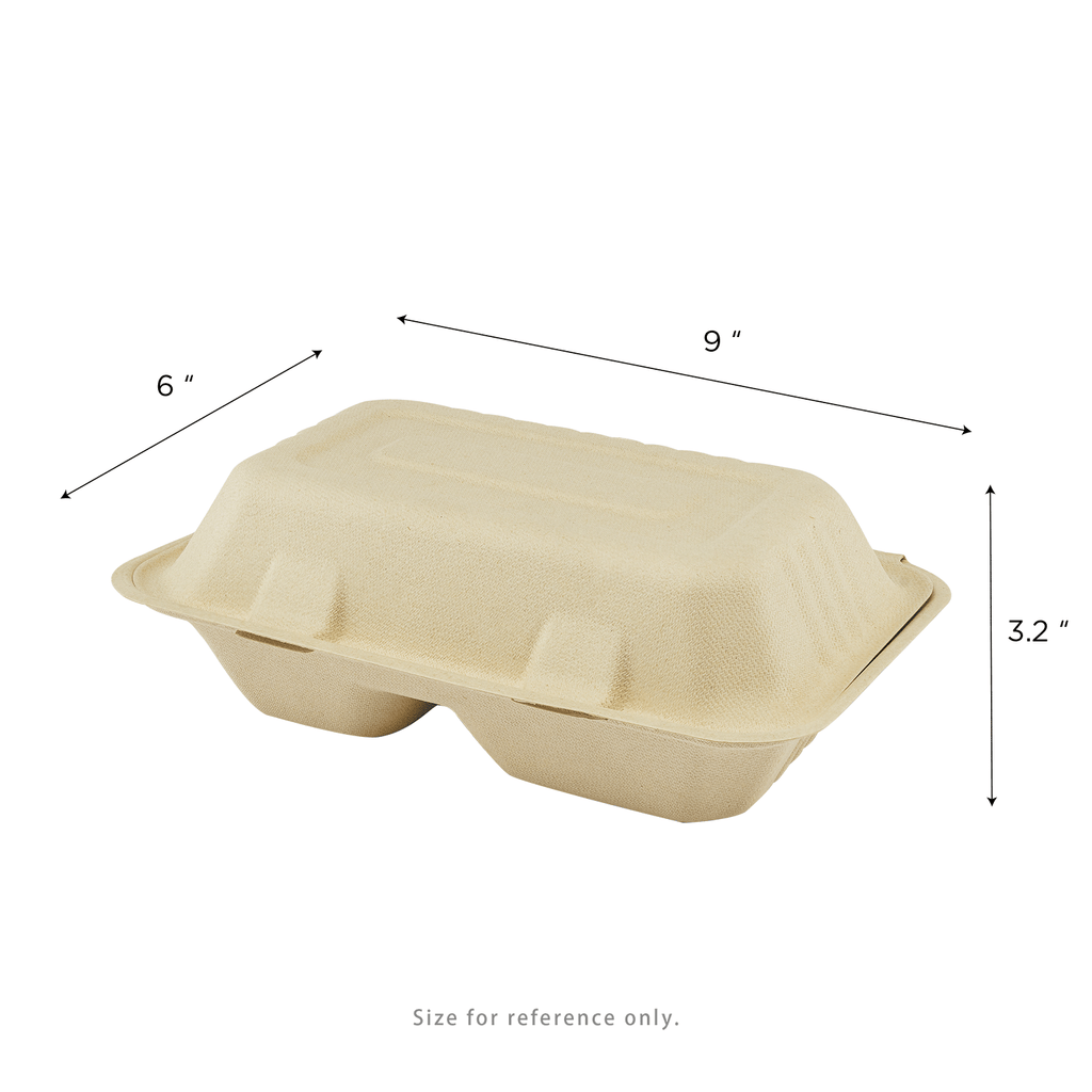 Karat Earth 2 Compartments, 9''x6'' Molded Fiber Hinged Containers, PFAS Free, Natural - 200 pc