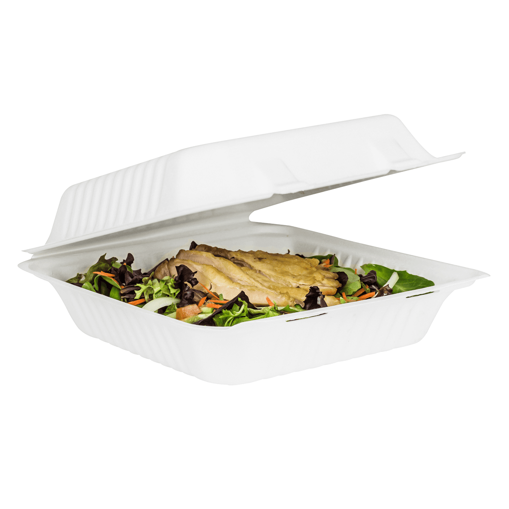 Karat Earth 9''x9'' Molded Fiber Hinged Containers, PFAS Free, White - 200 pcs