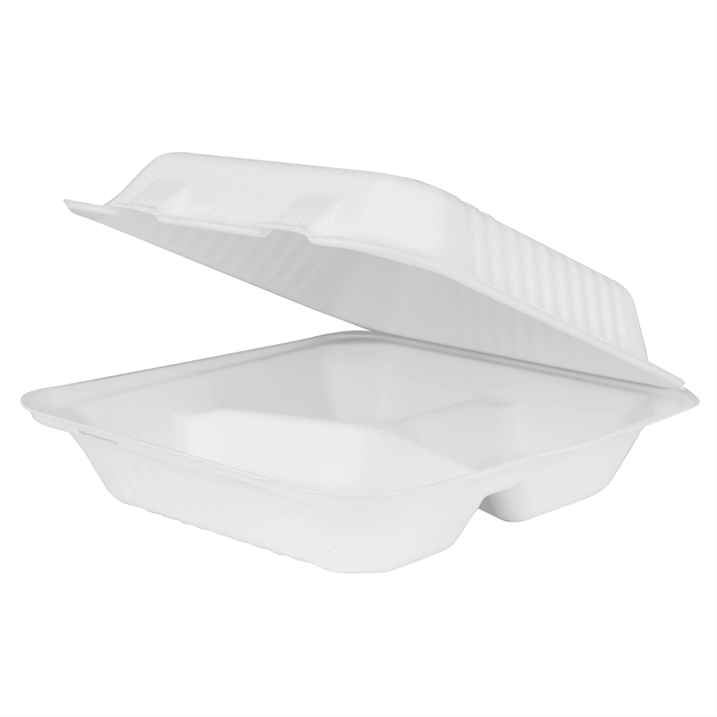 Karat Earth 3 Compartments, 9''x9'' Molded Fiber Hinged Containers, PFAS Free, White - 200 pcs