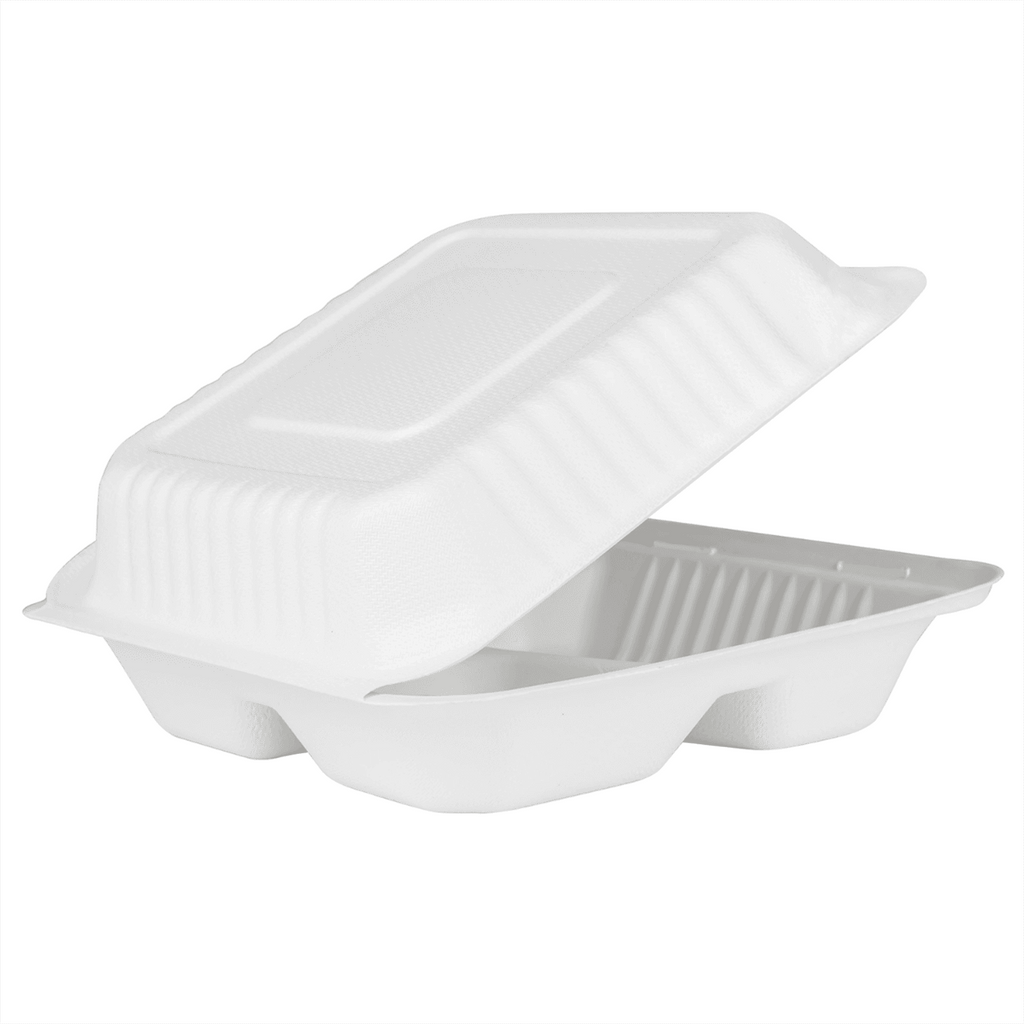 Karat Earth 3 Compartments, 9''x9'' Molded Fiber Hinged Containers, PFAS Free, White - 200 pcs