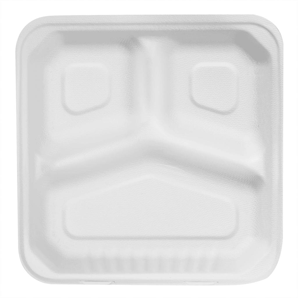 Karat Earth 3 Compartments, 9''x9'' Molded Fiber Hinged Containers, PFAS Free, White - 200 pcs