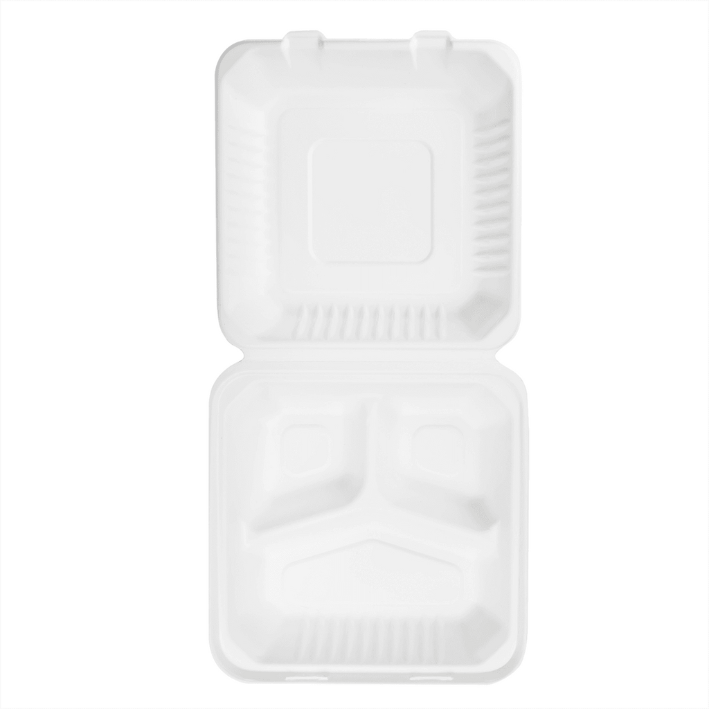 Karat Earth 3 Compartments, 9''x9'' Molded Fiber Hinged Containers, PFAS Free, White - 200 pcs