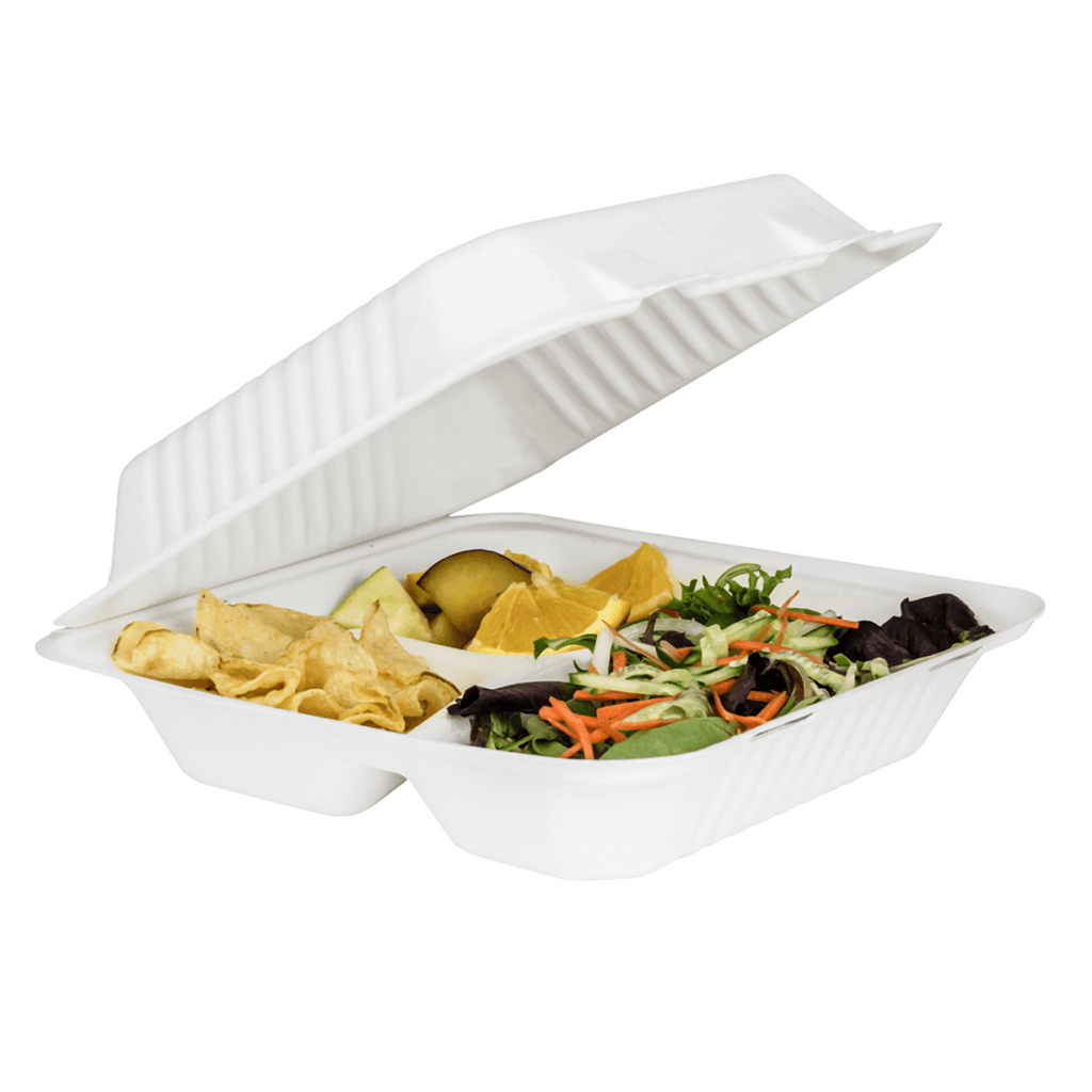 Karat Earth 3 Compartments, 9''x9'' Molded Fiber Hinged Containers, PFAS Free, White - 200 pcs