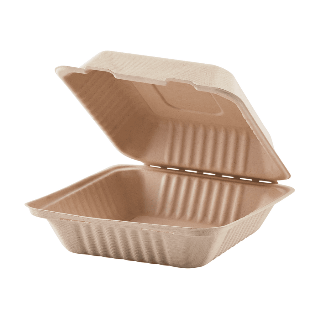 Karat Earth 9''x9'' Molded Fiber Hinged Containers, PFAS Free, Natural - 200 pcs