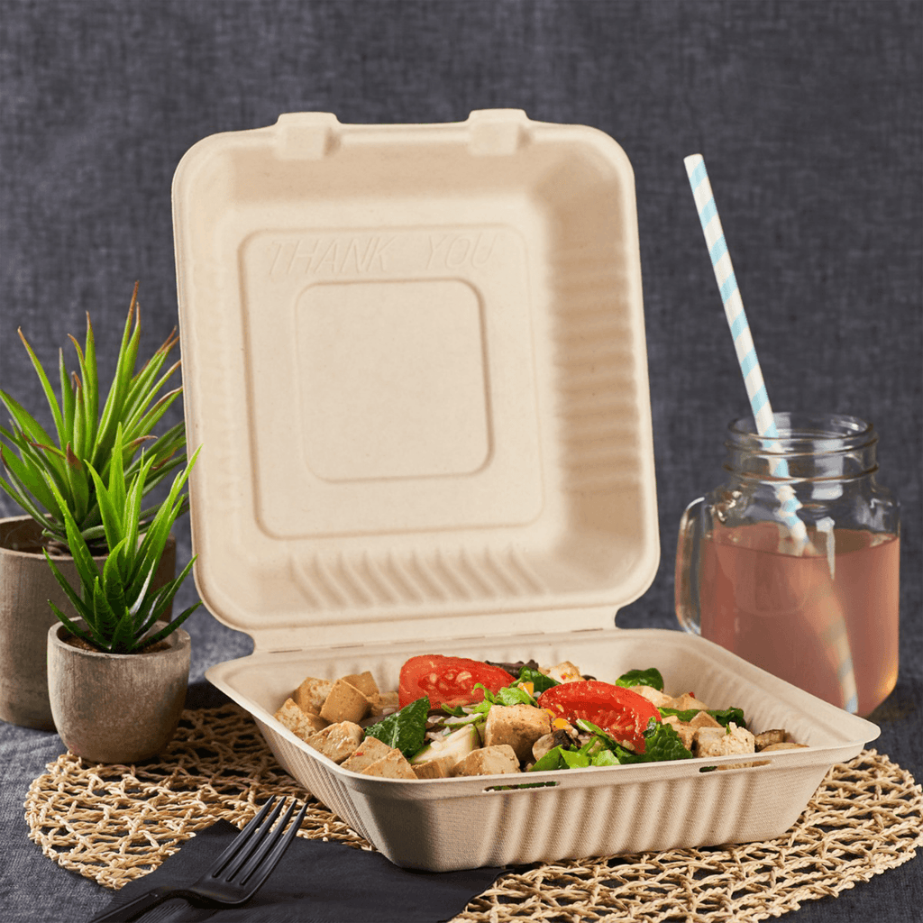 Karat Earth 9''x9'' Molded Fiber Hinged Containers, PFAS Free, Natural - 200 pcs