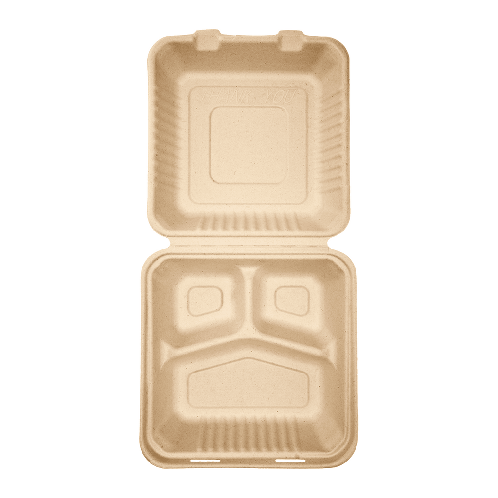 Karat Earth 3 Compartments, 9''x9'' Molded Fiber Hinged Containers, PFAS Free, Natural - 200 pcs