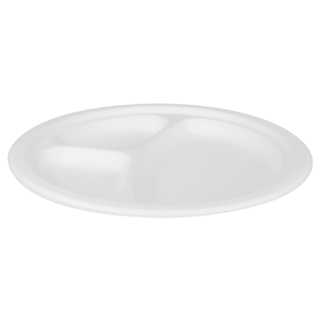 Karat Earth 3 Compartments, 9'' Molded Fiber Round Plates, PFAS Free, White - 500 pcs