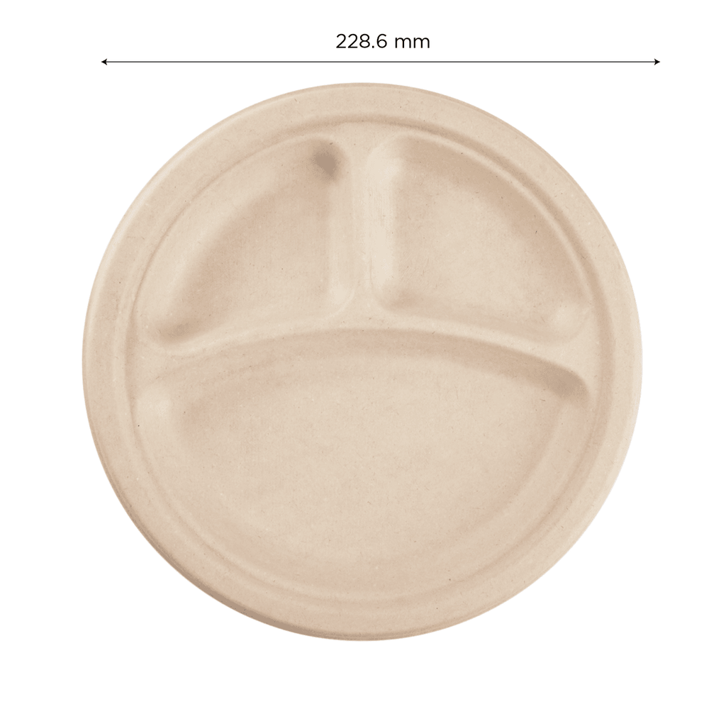 Karat Earth 3 Compartments, 9'' Molded Fiber Round Plates, PFAS Free, Natural - 500 pcs