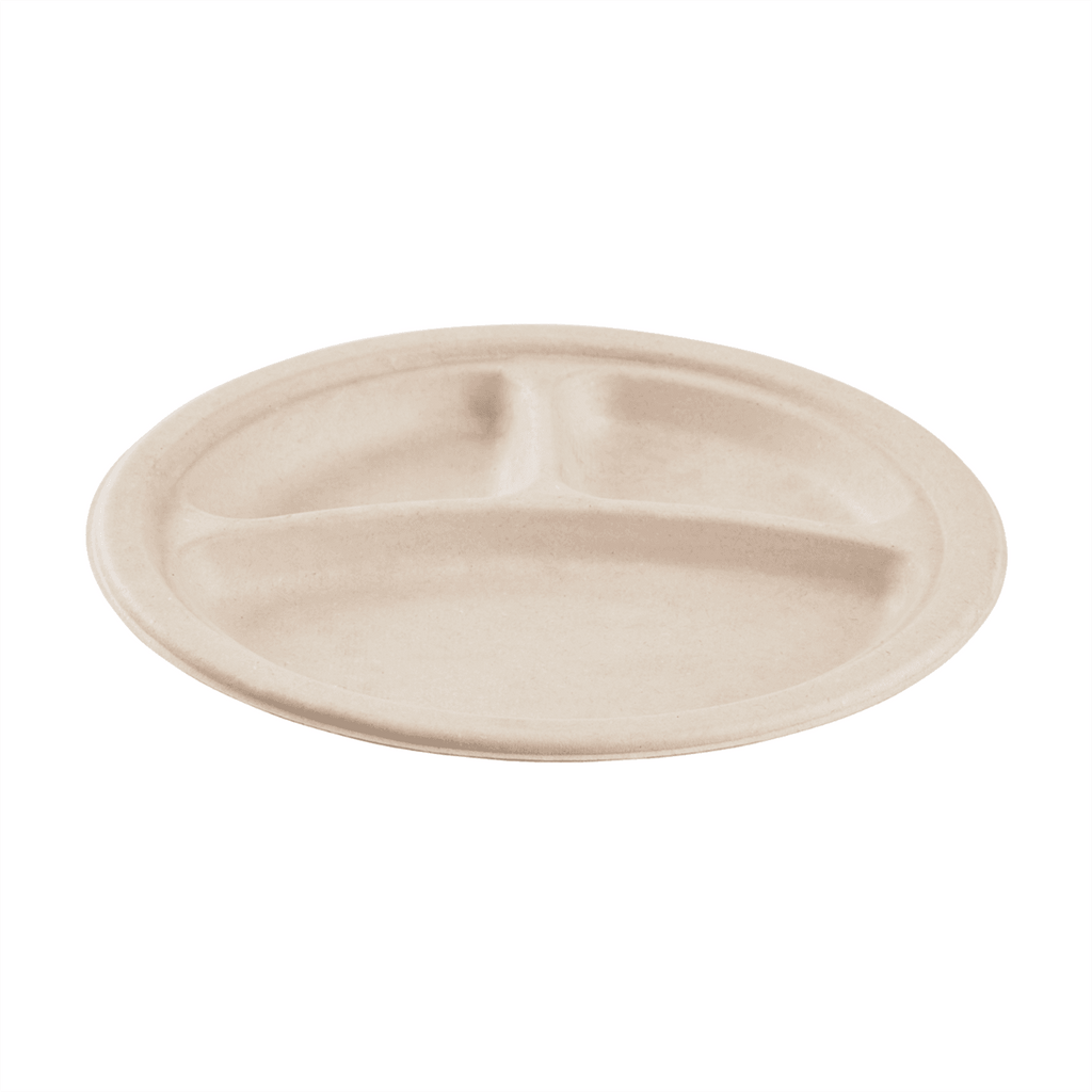 Karat Earth 3 Compartments, 9'' Molded Fiber Round Plates, PFAS Free, Natural - 500 pcs