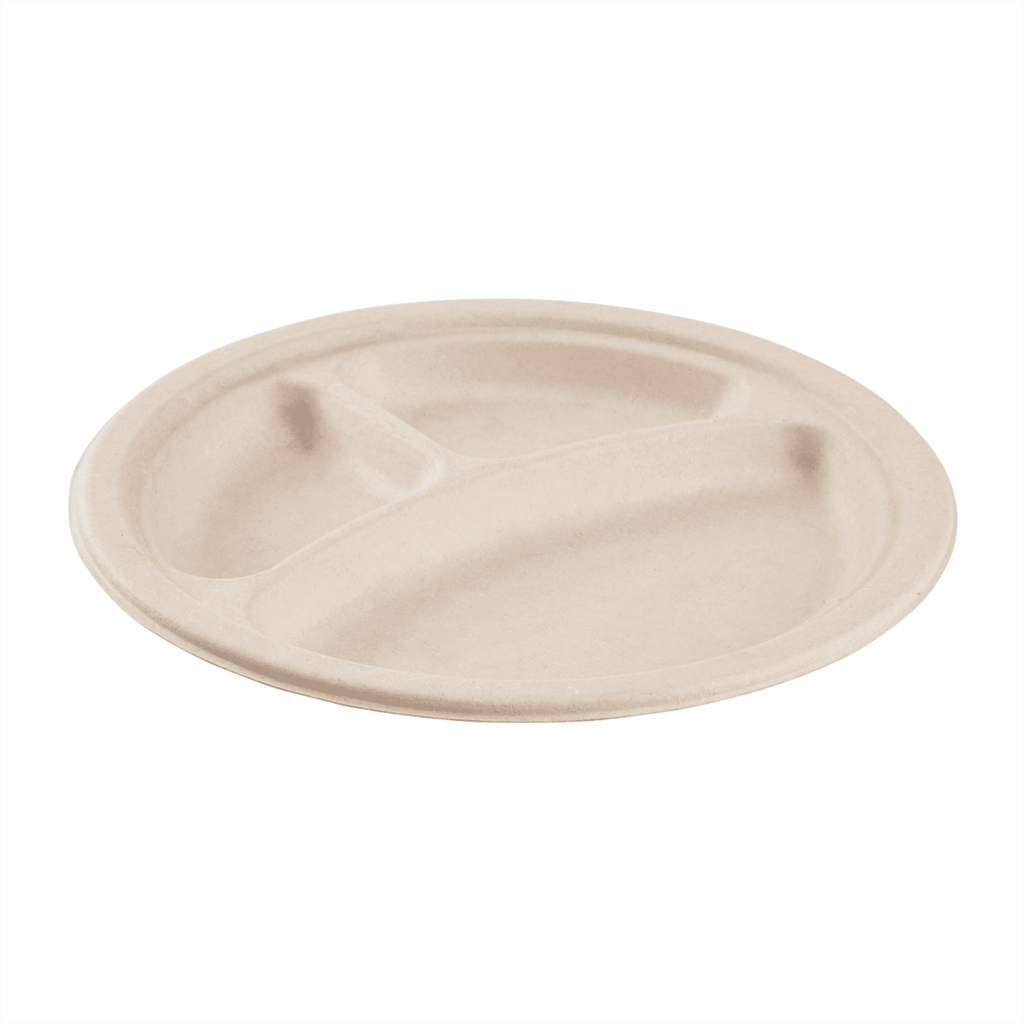 Karat Earth 3 Compartments, 9'' Molded Fiber Round Plates, PFAS Free, Natural - 500 pcs