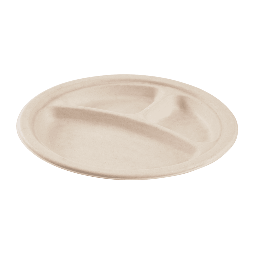 Karat Earth 3 Compartments, 9'' Molded Fiber Round Plates, PFAS Free, Natural - 500 pcs