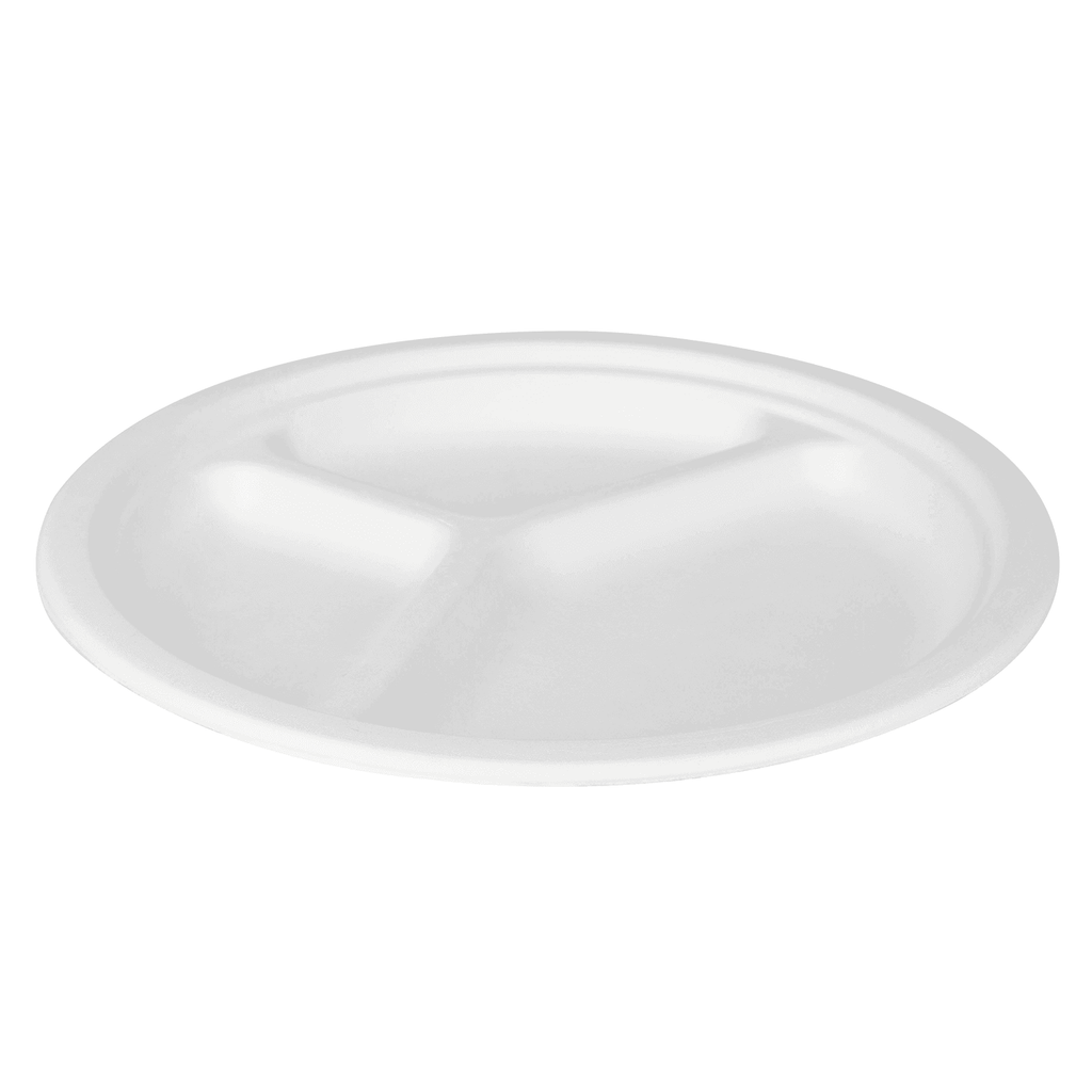 Karat Earth 3 Compartments, 10'' Molded Fiber Round Plates, PFAS Free, White - 500 pcs