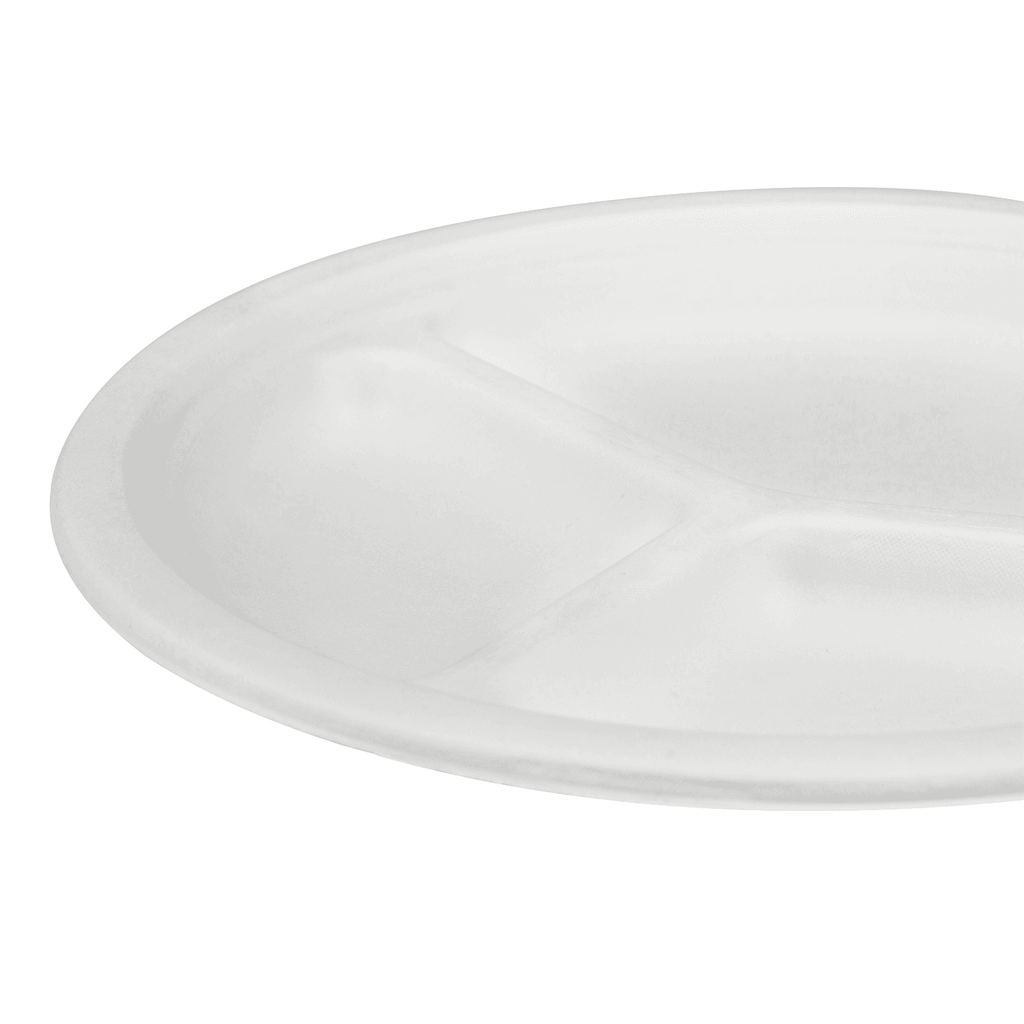 Karat Earth 3 Compartments, 10'' Molded Fiber Round Plates, PFAS Free, White - 500 pcs