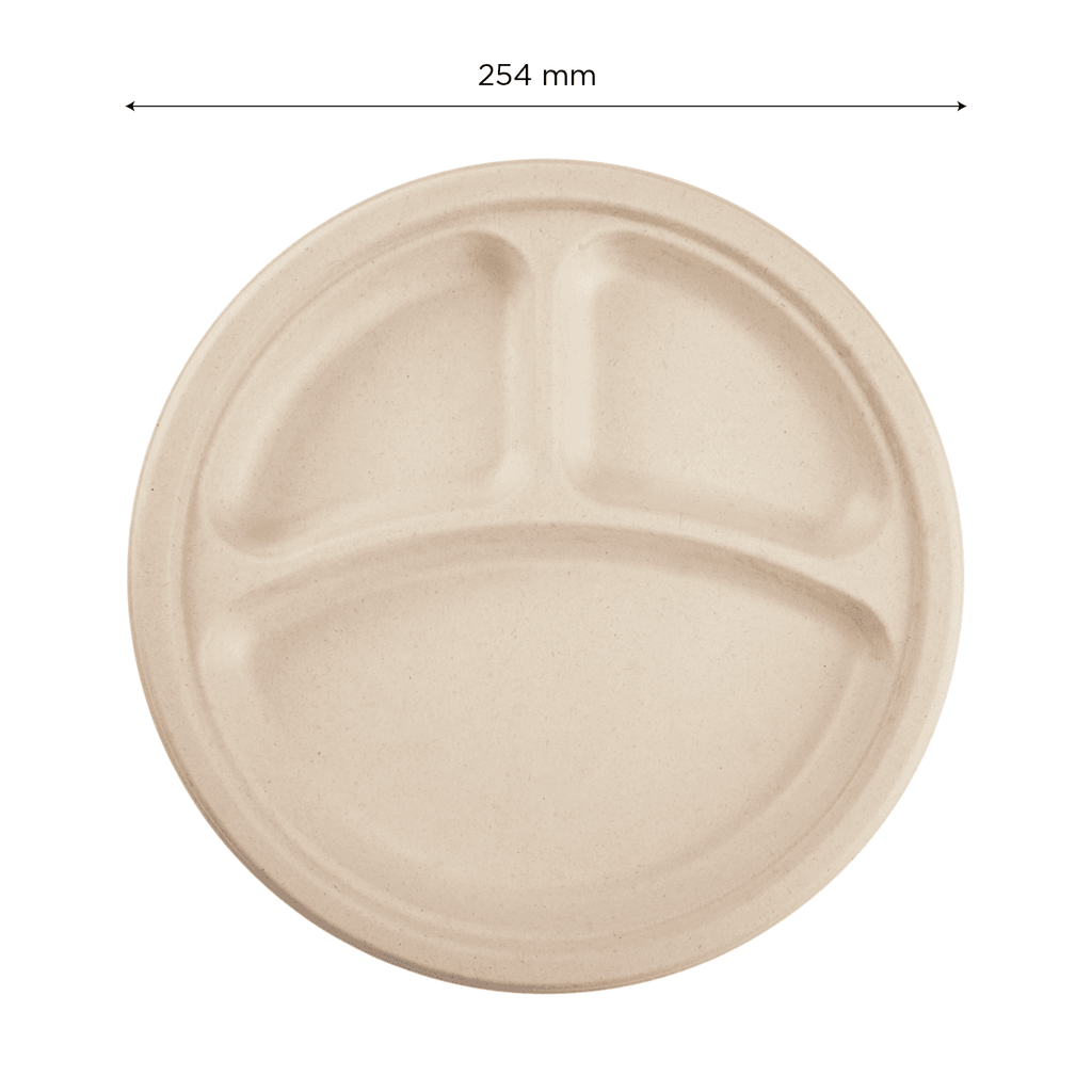 Karat Earth 3 Compartments, 10'' Molded Fiber Round Plates, PFAS Free, Natural - 500 pcs