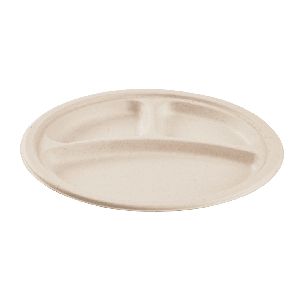 Karat Earth 3 Compartments, 10'' Molded Fiber Round Plates, PFAS Free, Natural - 500 pcs