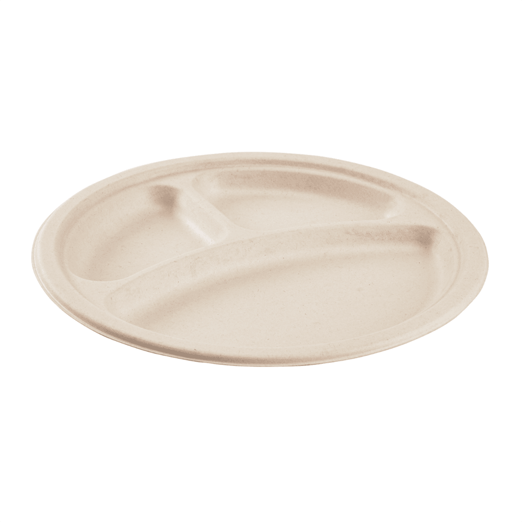 Karat Earth 3 Compartments, 10'' Molded Fiber Round Plates, PFAS Free, Natural - 500 pcs