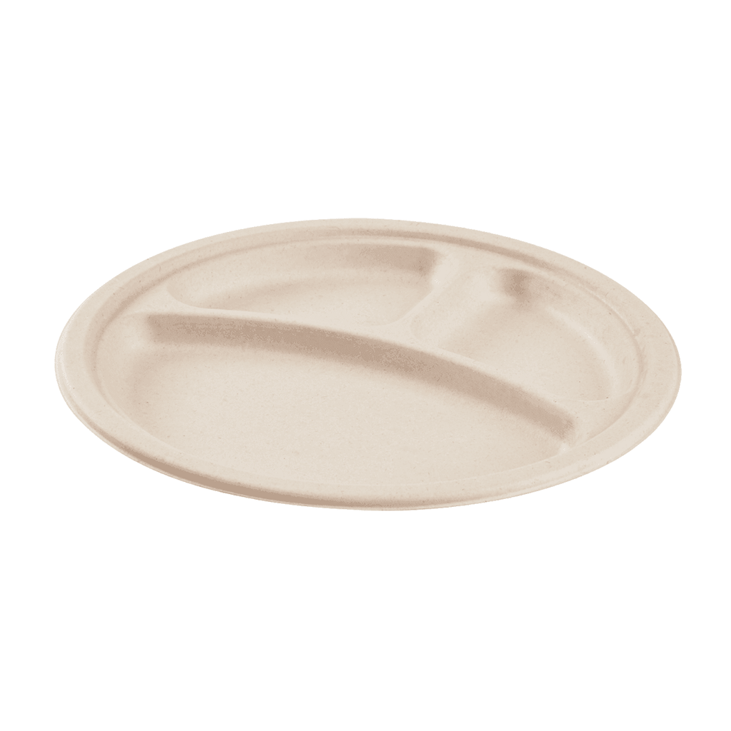 Karat Earth 3 Compartments, 10'' Molded Fiber Round Plates, PFAS Free, Natural - 500 pcs
