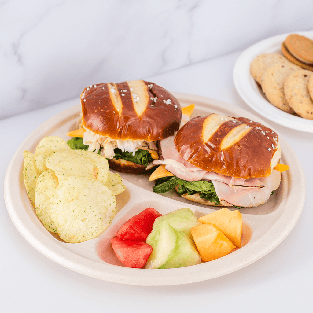 Karat Earth 3 Compartments, 10'' Molded Fiber Round Plates, PFAS Free, Natural - 500 pcs