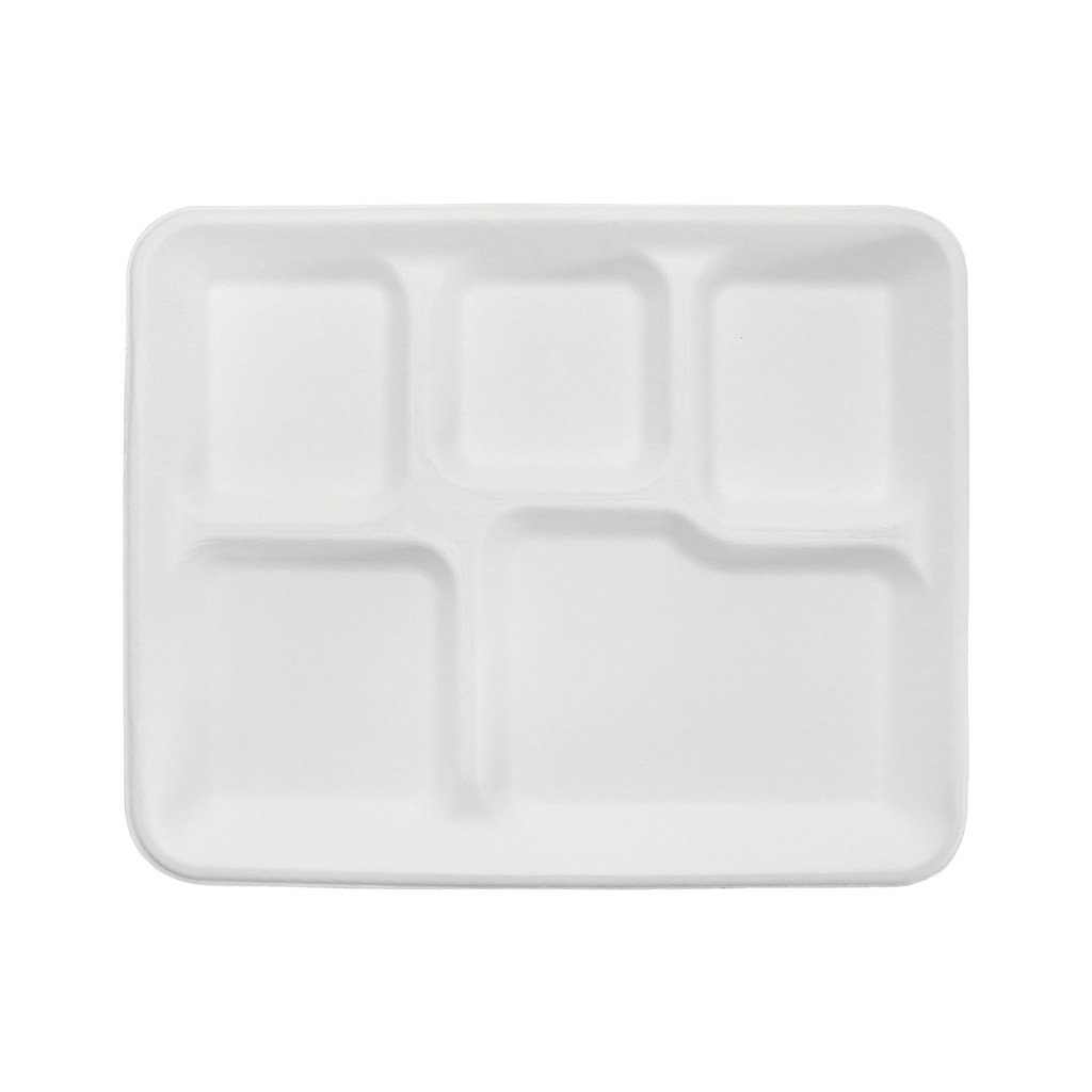 Karat Earth 5 Compartments, 10" Molded Fiber Trays, PFAS Free, White - 100 pcs