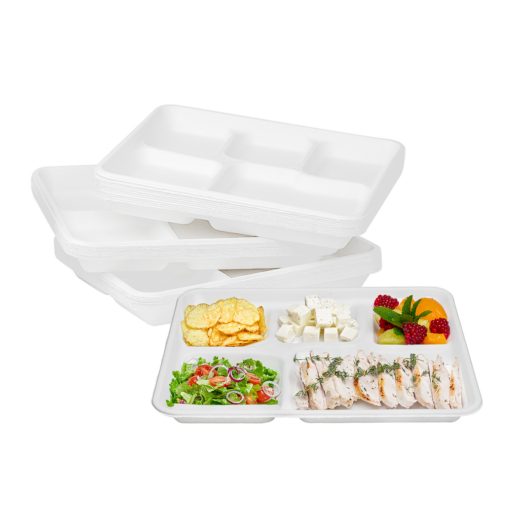 Karat Earth 5 Compartments, 10" Molded Fiber Trays, PFAS Free, White - 400 pcs