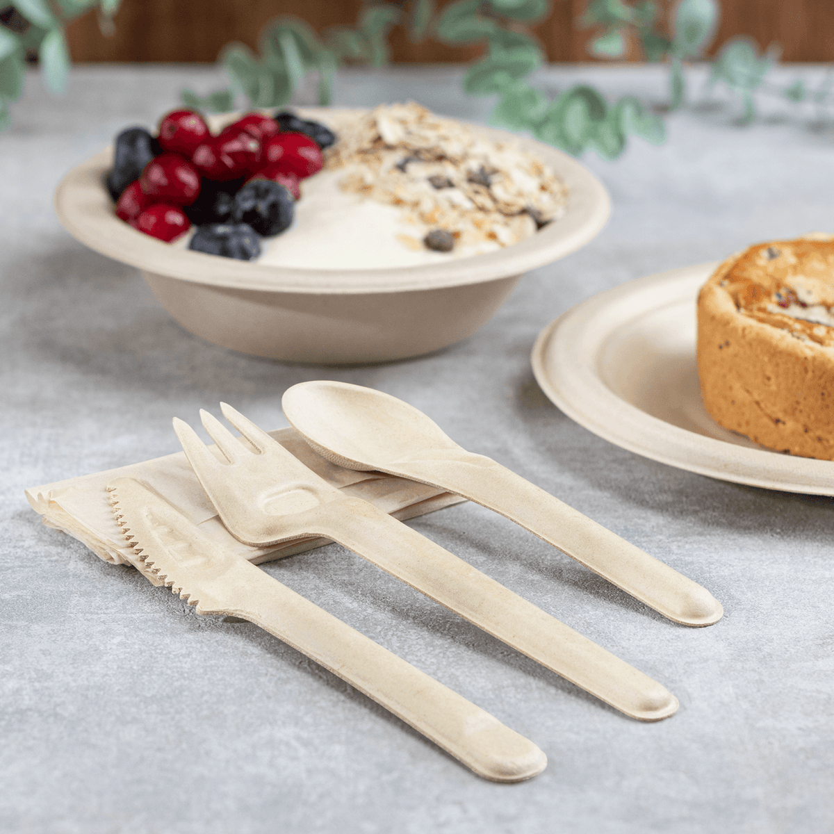 Karat Earth PFAS Free Bagasse Cutlery Kits (Knife, Fork, Soup Spoon, 2-ply Napkin), Paper Wrapped - 250 sets