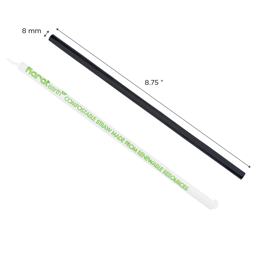 Karat Earth 8.75" Giant PLA Straw (8mm) Paper Wrapped, Black - 2,500 pcs