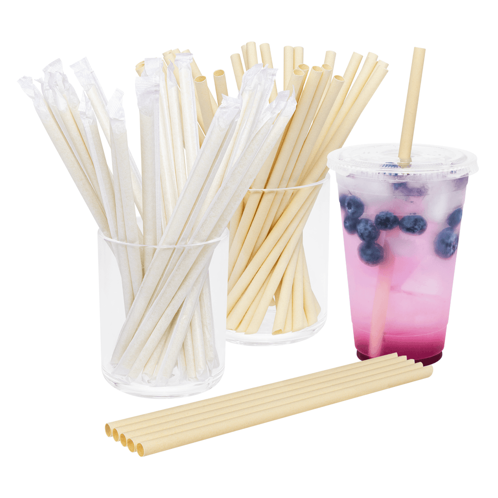 Karat Earth 9" Diagonal Cut Bamboo Fiber Giant Straws (8mm) Paper Wrapped, Natural - 3,000 pcs