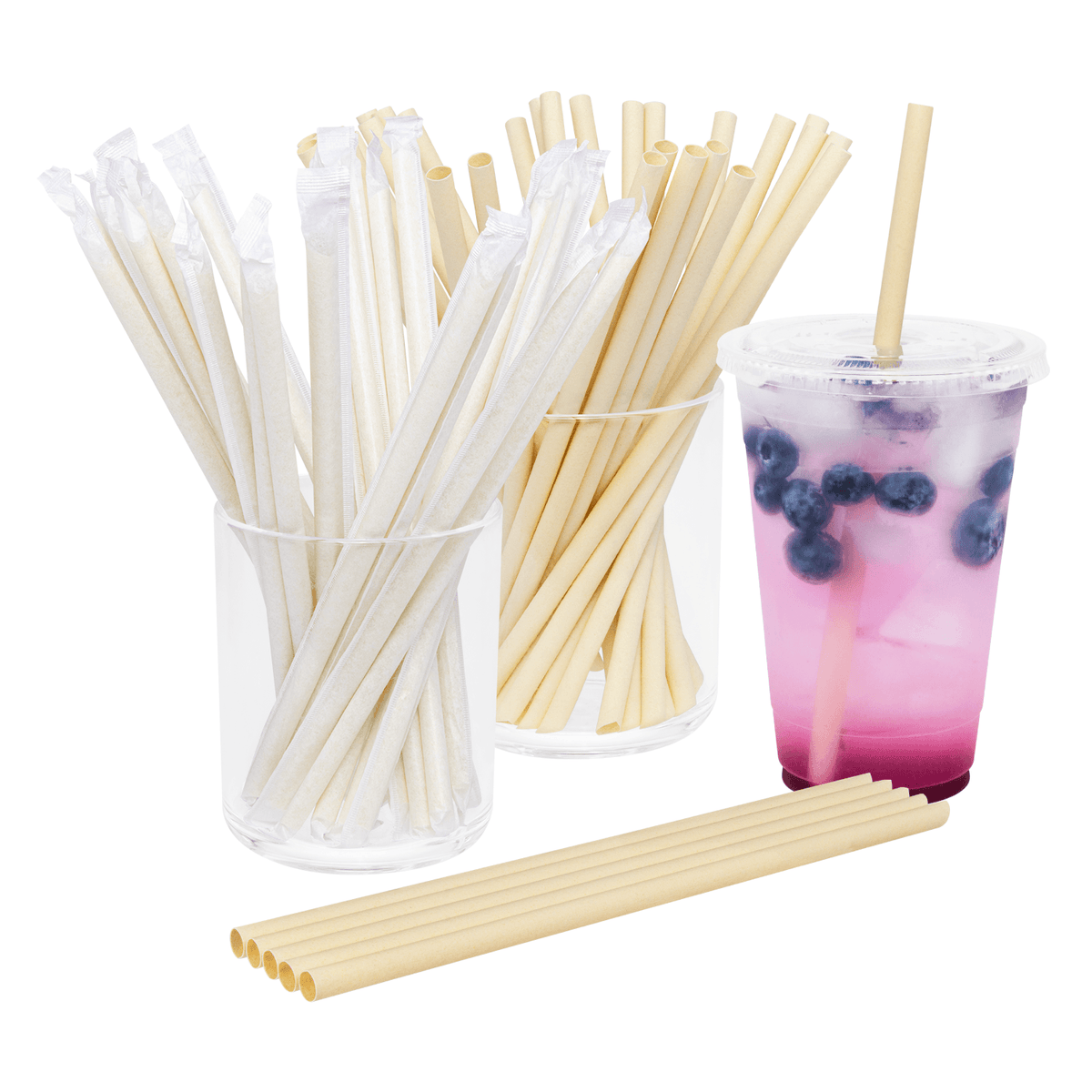 Karat Earth 9" Diagonal Cut Bamboo Fiber Giant Straws (8mm) Paper Wrapped, Natural - 3,000 pcs