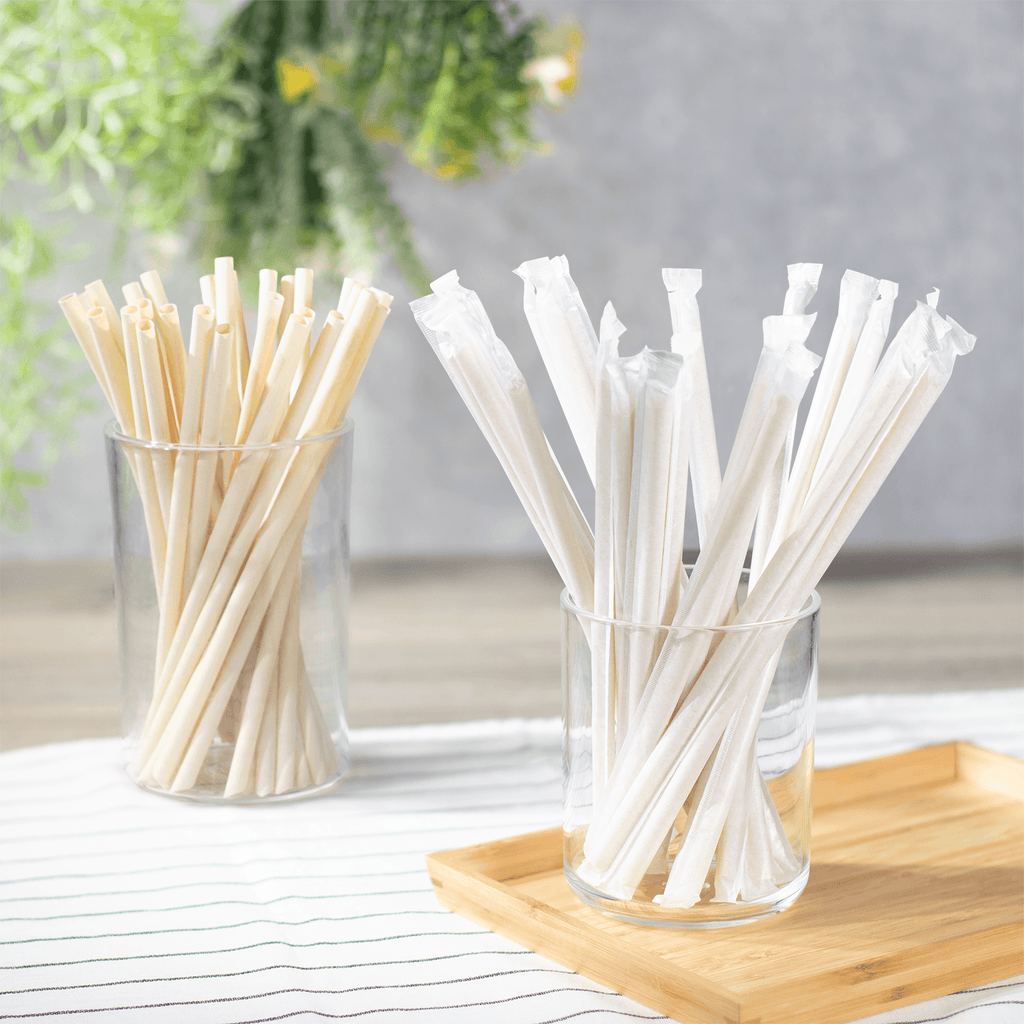 Karat Earth 9" Diagonal Cut Bamboo Fiber Giant Straws (8mm) Paper Wrapped, Natural - 3,000 pcs