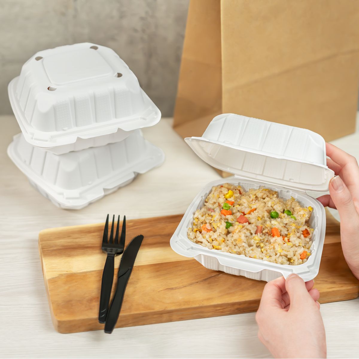Karat Earth 6" x 6" Mineral Filled PP Hinged Container, White - 400 pcs