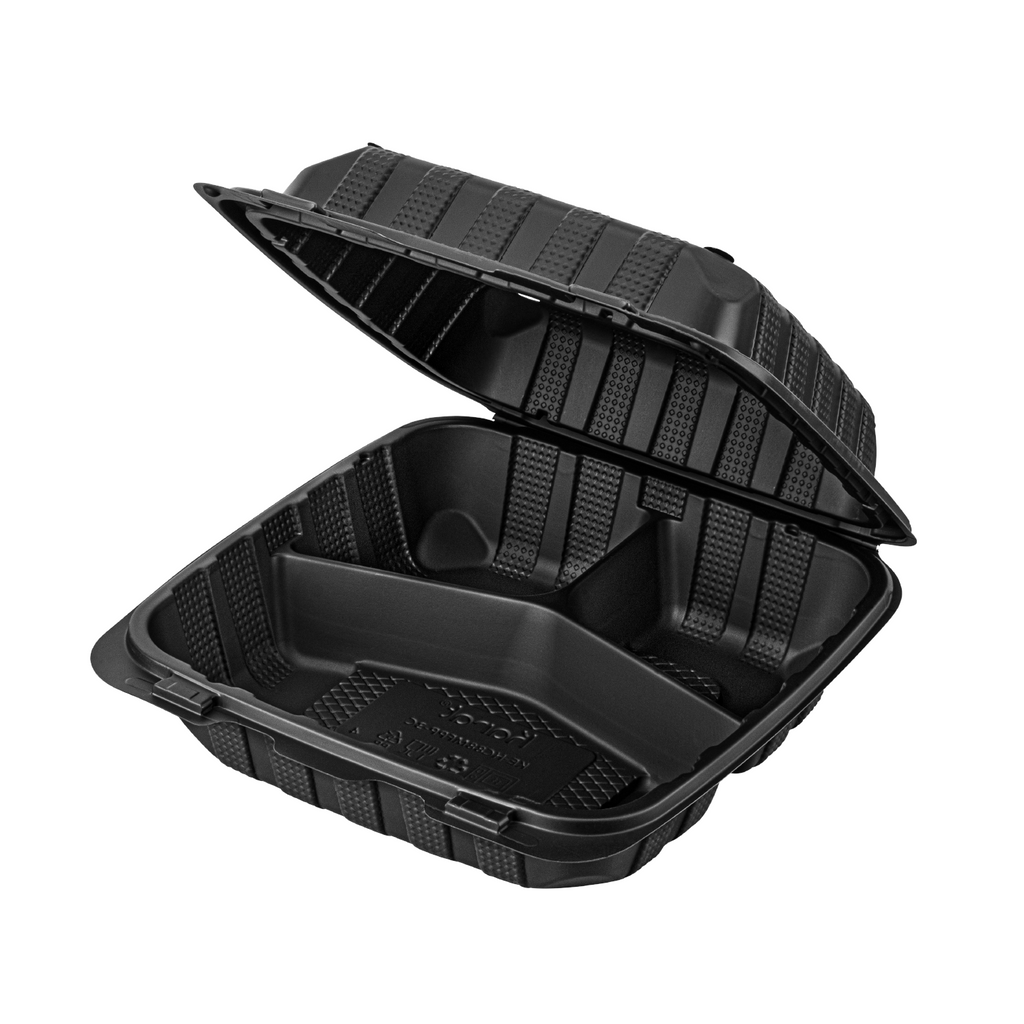 Karat Earth 8" x 8" Mineral Filled PP Hinged Container, Black, 3 compartments - 200 pcs