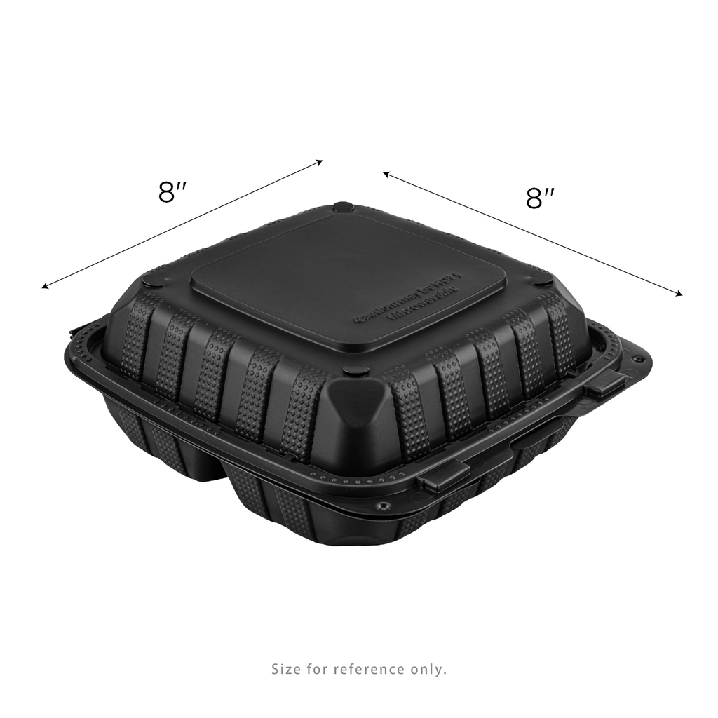 Karat Earth 8" x 8" Mineral Filled PP Hinged Container, Black, 3 compartments - 200 pcs