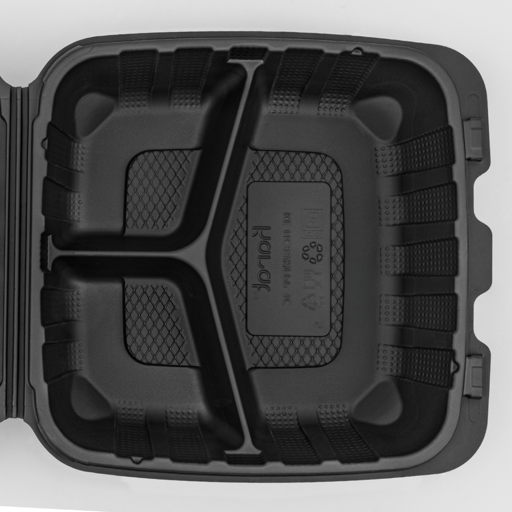 Karat Earth 8" x 8" Mineral Filled PP Hinged Container, Black, 3 compartments - 200 pcs