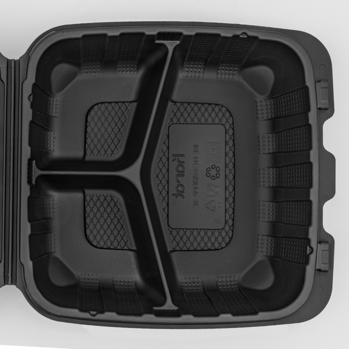 Karat Earth 8" x 8" Mineral Filled PP Hinged Container, Black, 3 compartments - 200 pcs