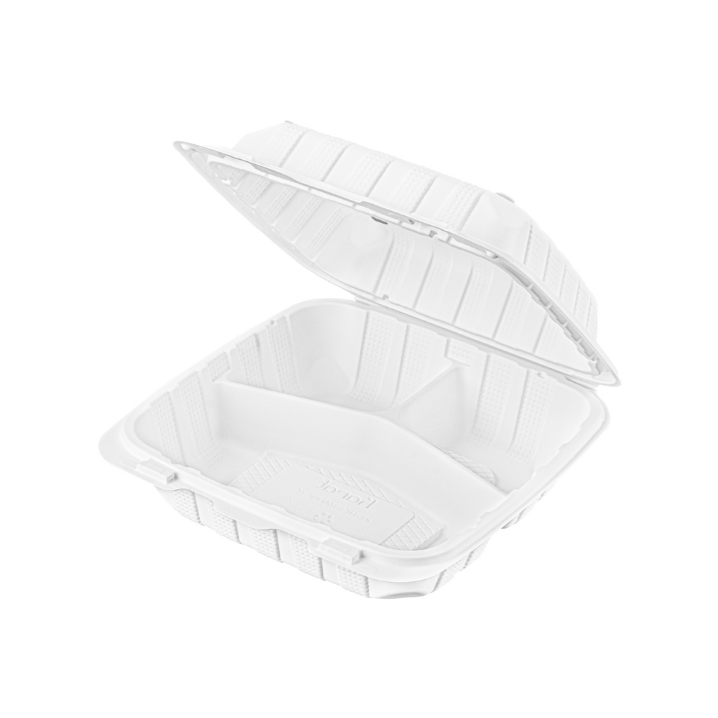 Karat Earth 8" x 8" Mineral Filled PP Hinged Container, White, 3 compartments - 200 pcs