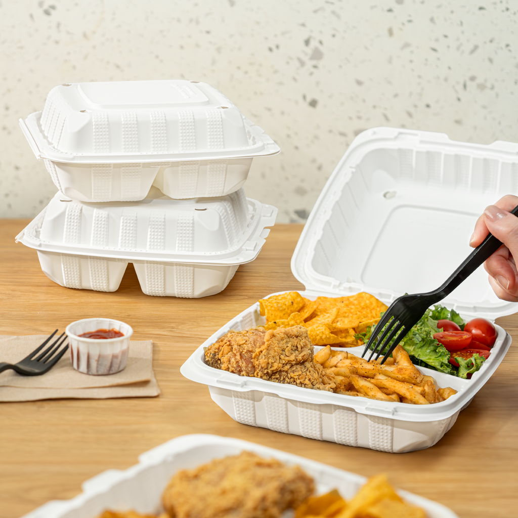 Karat Earth 8" x 8" Mineral Filled PP Hinged Container, White, 3 compartments - 200 pcs