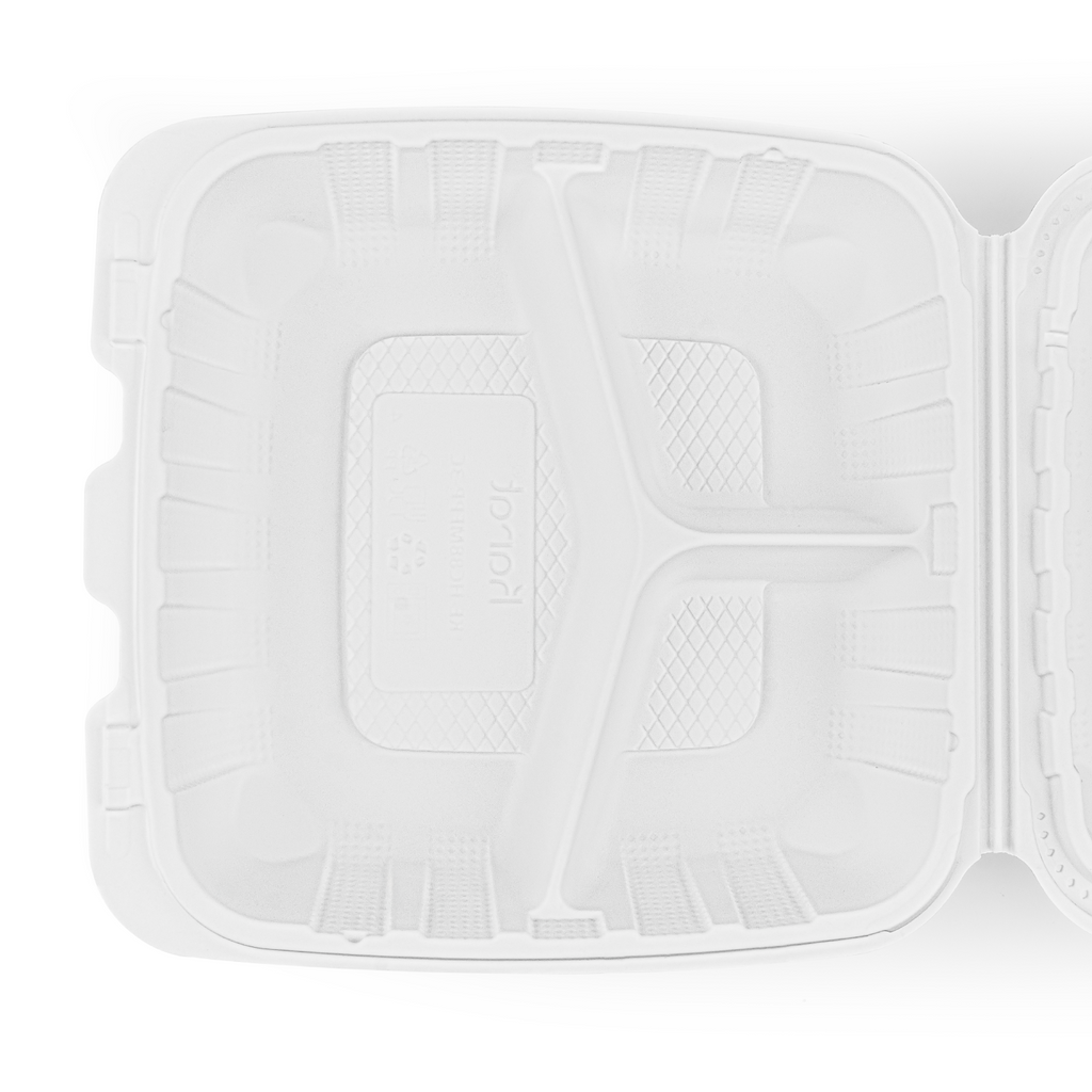 Karat Earth 8" x 8" Mineral Filled PP Hinged Container, White, 3 compartments - 200 pcs